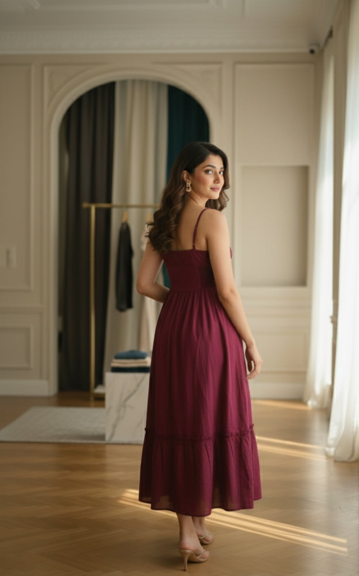 Aura Tiered Maxi Dress – Burgundy