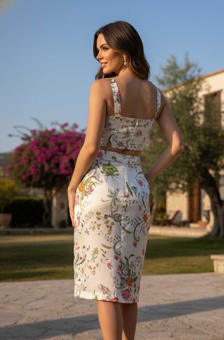 Woman wearing a floral dress standing outdoors with greenery and a building in the background