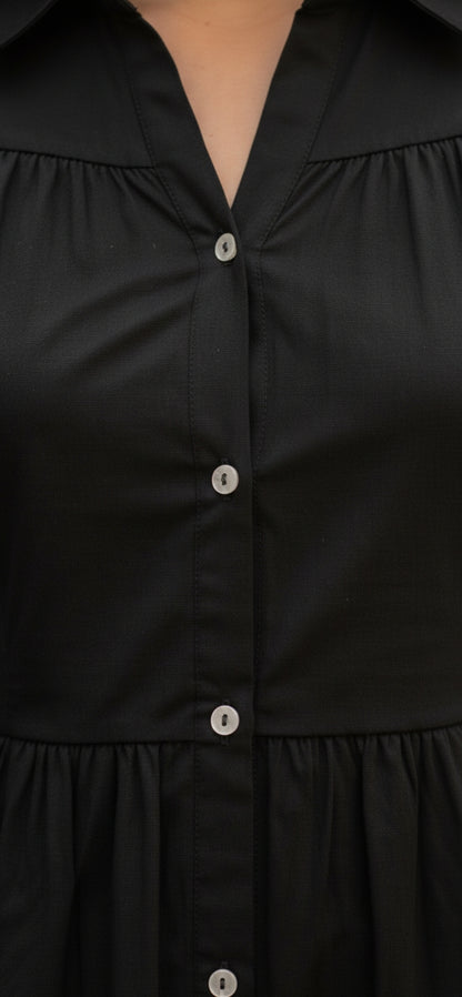 Elegant Black Button-Front Tiered Mini Dress