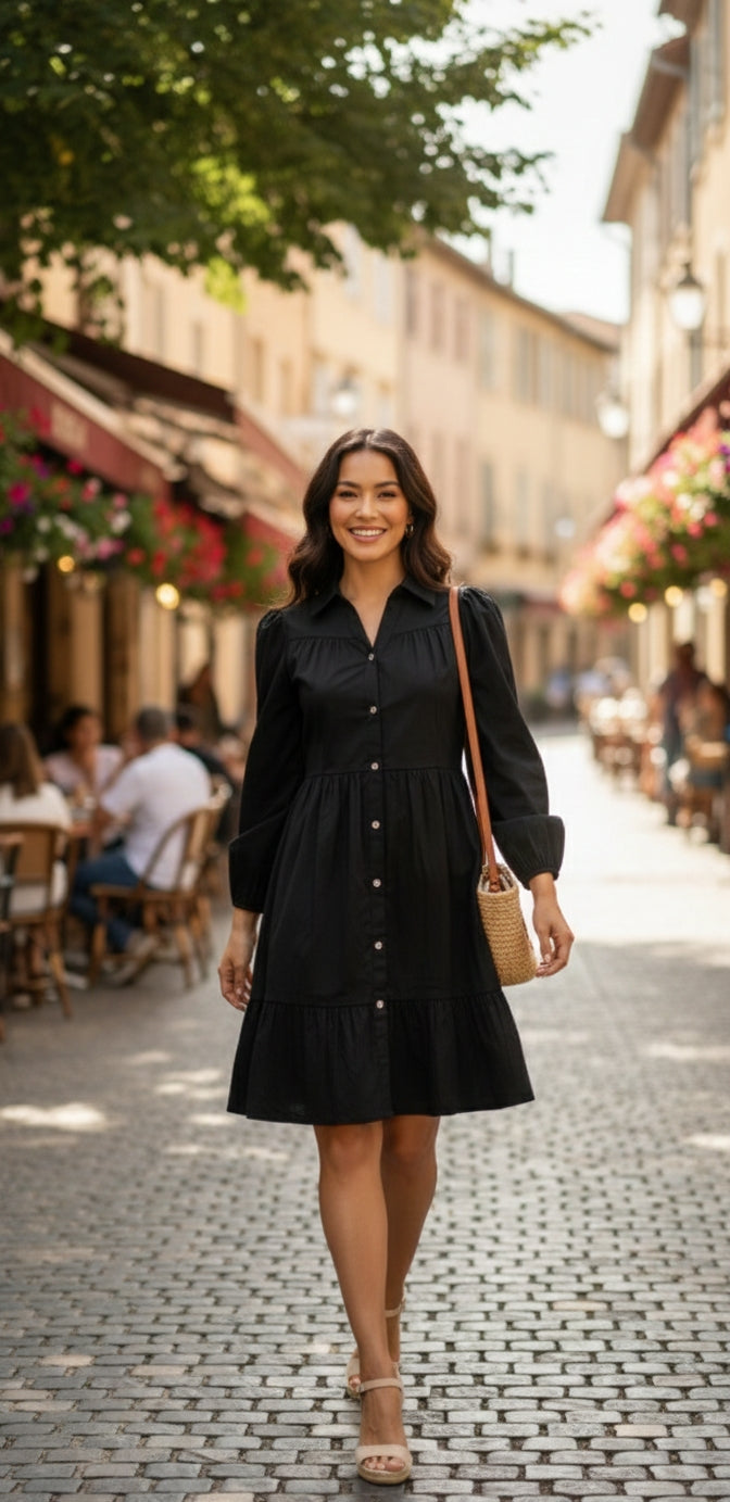 Elegant Black Button-Front Tiered Mini Dress