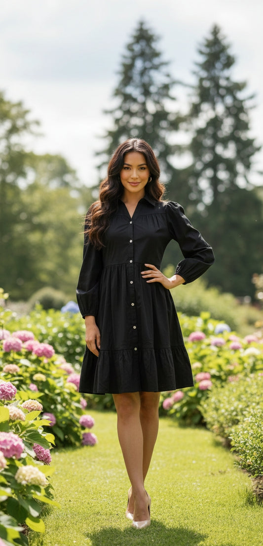 Elegant Black Button-Front Tiered Mini Dress