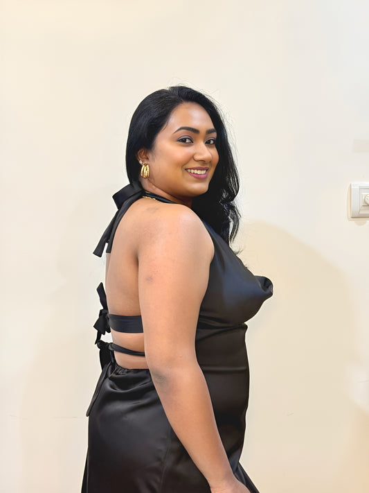 Noir Satin Drape Mini Dress – Black